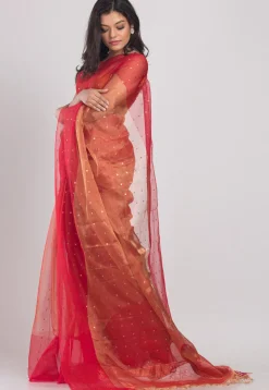 Handloom Pure Muslin Silk Saree in Peach and Red