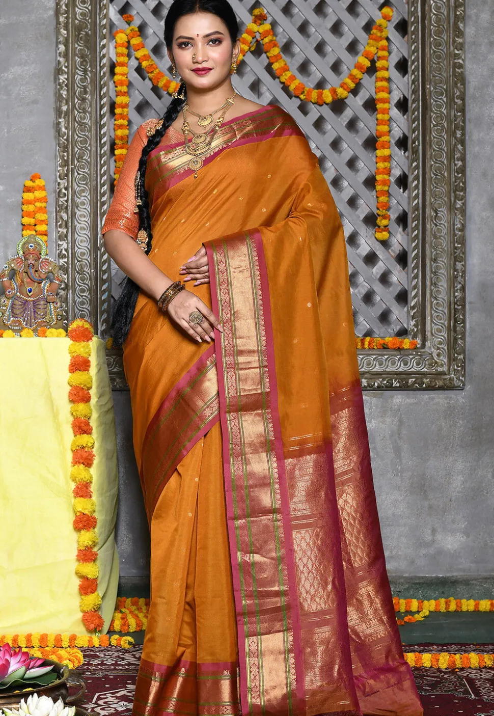 Handloom Pure Silk Cotton Gadwal Saree in Mustard