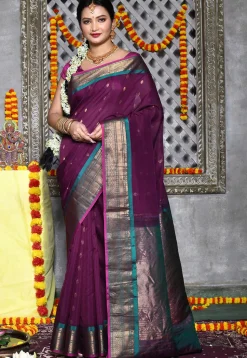 Handloom Pure Silk Cotton Gadwal Saree in Dark Purple