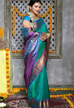 Handloom Pure Silk Cotton Gadwal Saree in Teal Green