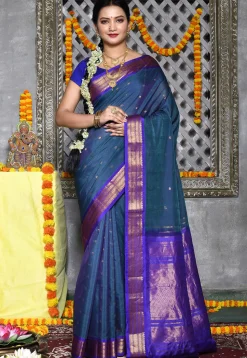 Handloom Pure Silk Cotton Gadwal Saree in Teal Blue