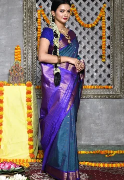 Handloom Pure Silk Cotton Gadwal Saree in Teal Blue