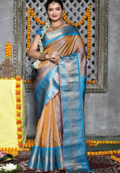 Handloom Pure Silk Gadwal Saree in Beige and Blue Dual Tone