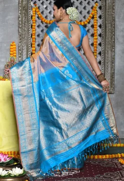 Handloom Pure Silk Gadwal Saree in Beige and Blue Dual Tone