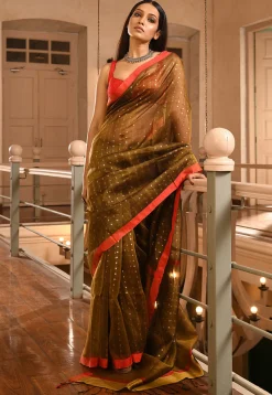 Handloom Pure Silk Saree in Dark Olive Green