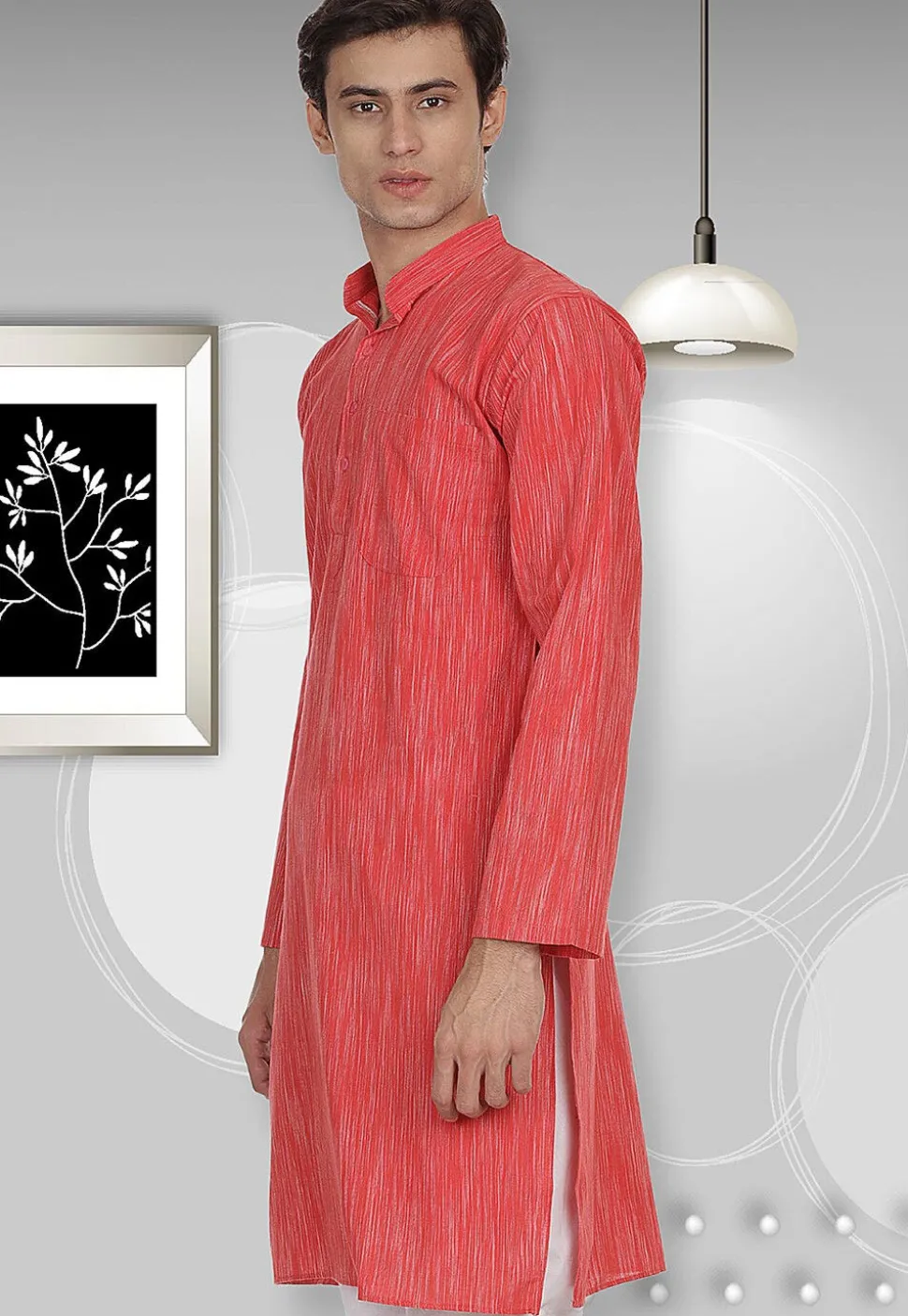 Handloom South Cotton Kurta in Coral Red