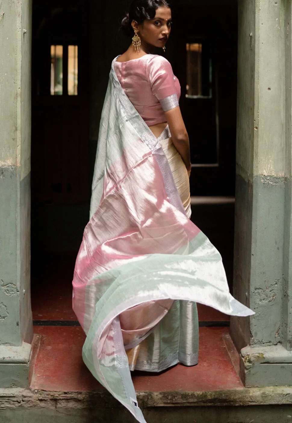 Handloom Tissue Saree in Pink and Multicolor