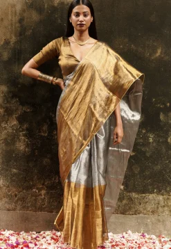 Handloom Tissue Shimmer Saree in Silver and Bronze