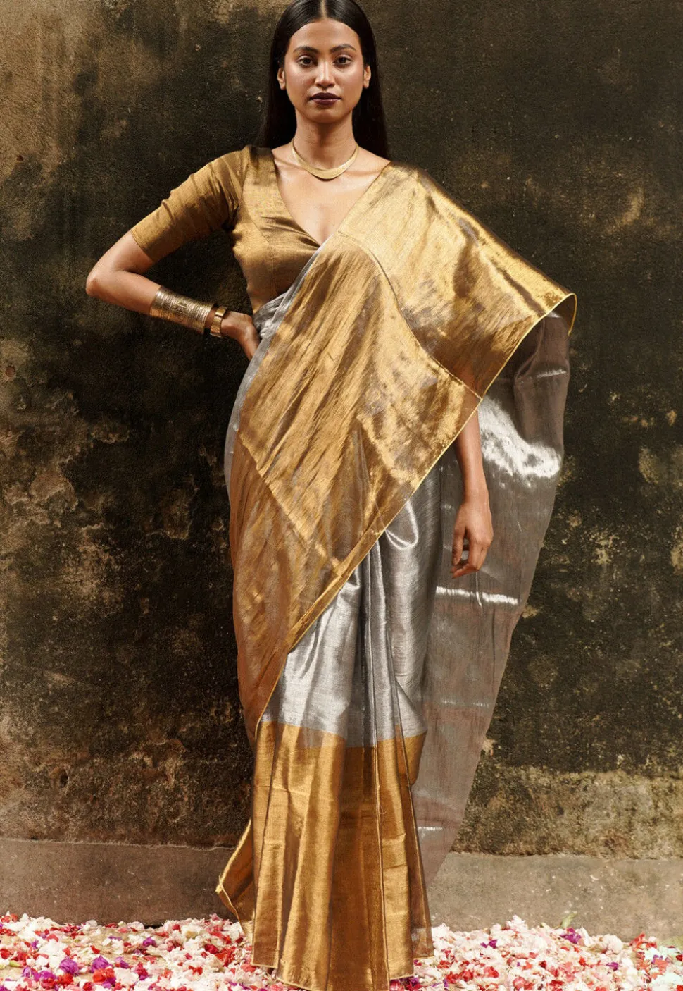 Handloom Tissue Shimmer Saree in Silver and Bronze