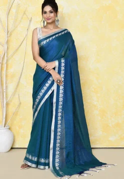 Handloom Tissue Silk Saree in Teal Blue
