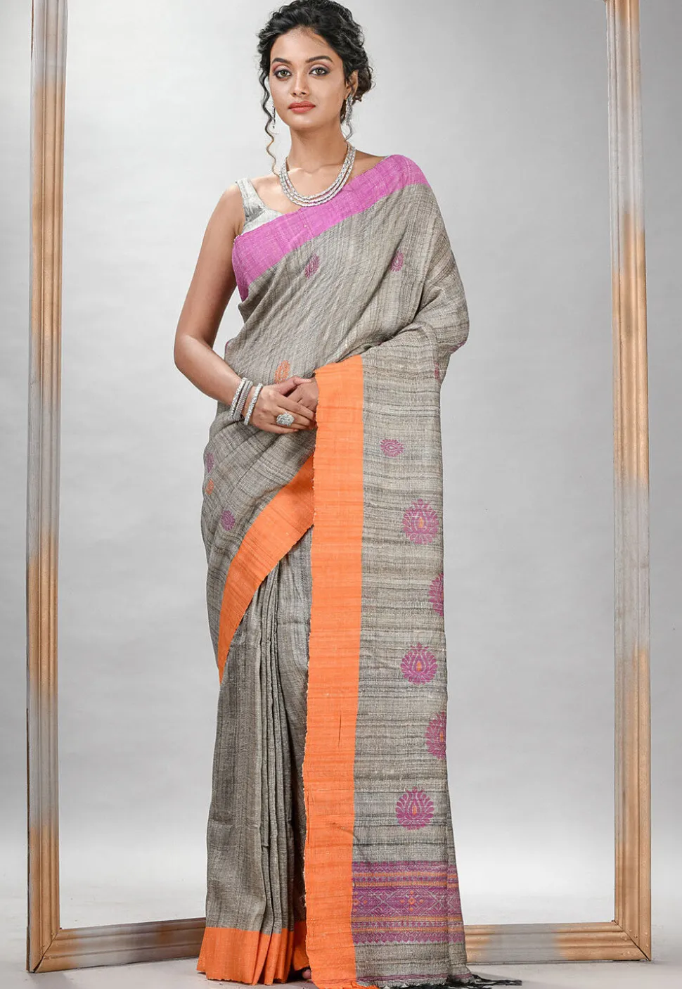 Handloom Tussar Silk Saree in Grey