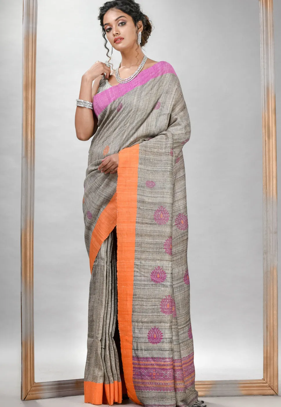 Handloom Tussar Silk Saree in Grey