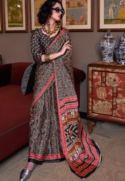 Ikat Prined Crepe Saree in Black