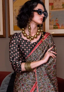 Ikat Prined Crepe Saree in Black