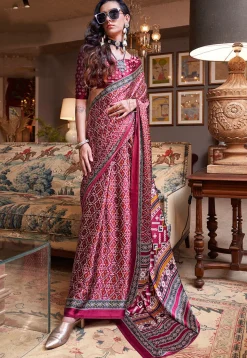 Ikat Prined Crepe Saree in Maroon