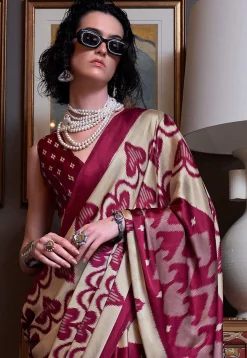Ikat Prined Crepe Saree in Maroon and Cream