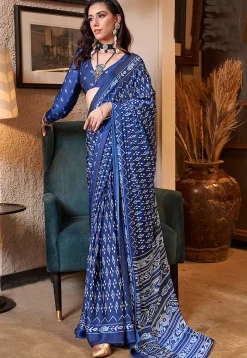 Ikat Prined Crepe Saree in Blue