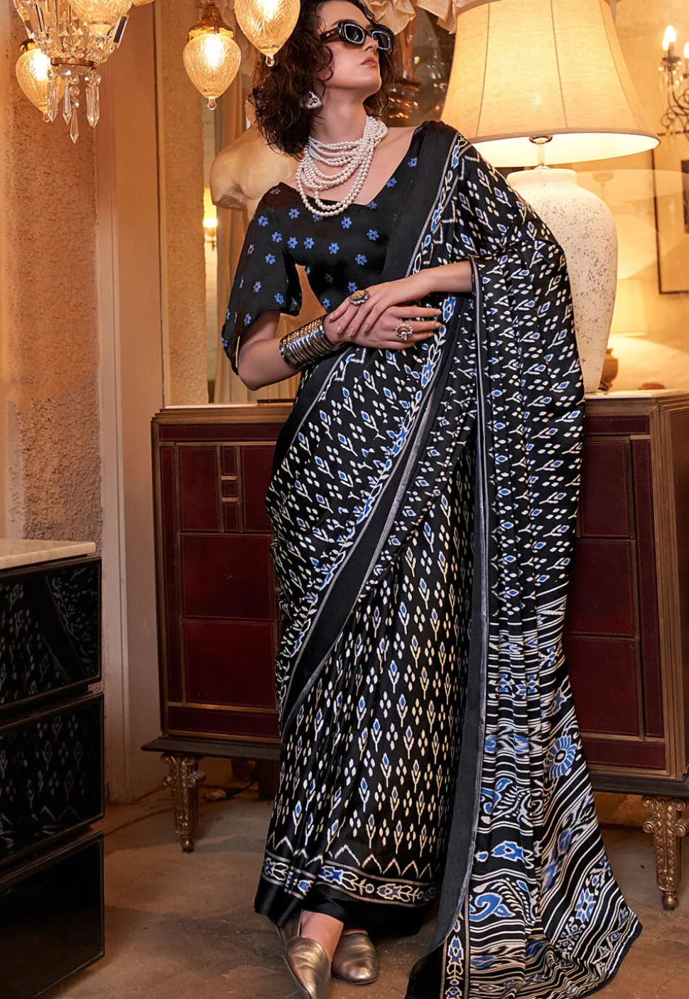 Ikat Prined Crepe Saree in Black