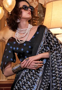 Ikat Prined Crepe Saree in Black