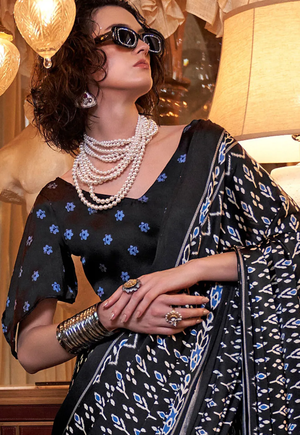 Ikat Prined Crepe Saree in Black