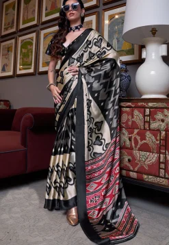 Ikat Prined Crepe Saree in Black and Cream