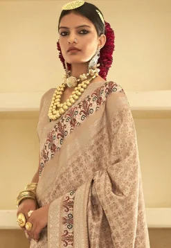 Ikat Printed Art Silk Saree in Beige
