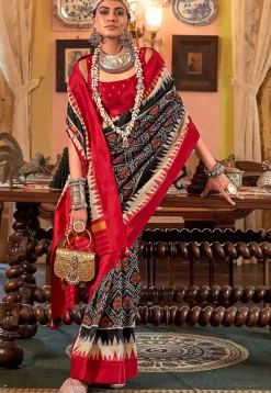 Ikat Printed Art Silk Saree in Black