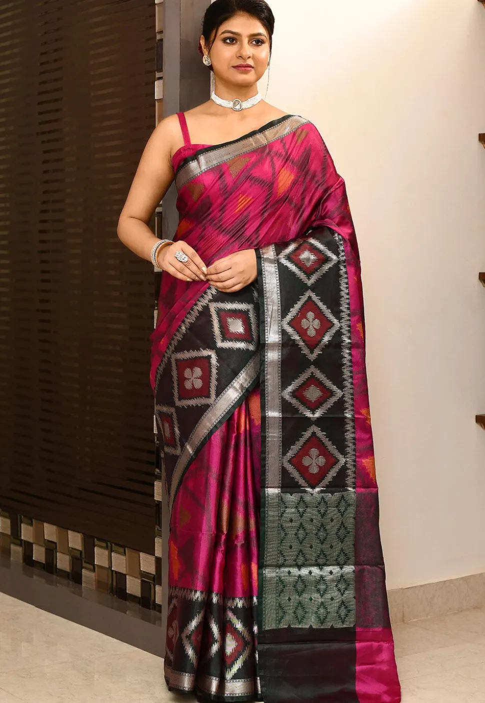 Ikat Printed Art Silk Saree in Fuchsia
