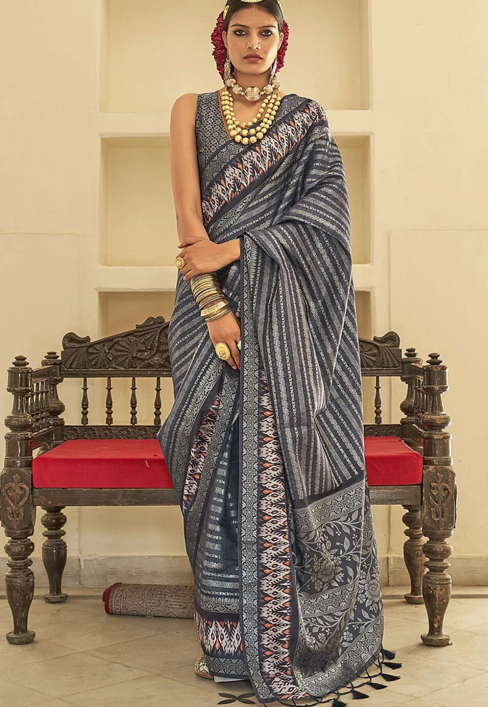 Ikat Printed Art Silk Saree in Dark Grey