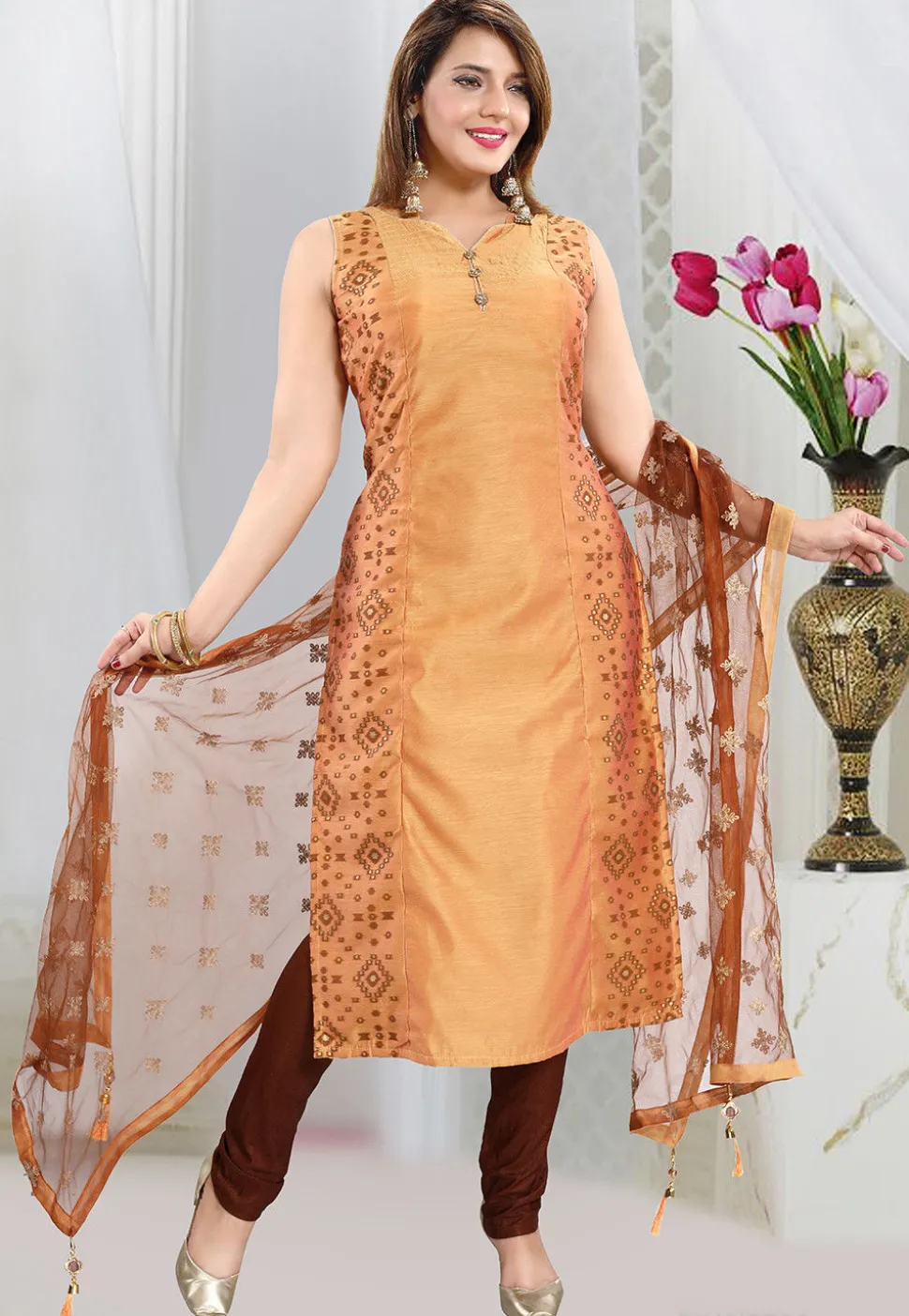 Ikat Printed Art Silk Straight Suit in Light Orange