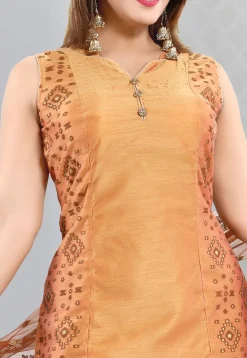 Ikat Printed Art Silk Straight Suit in Light Orange