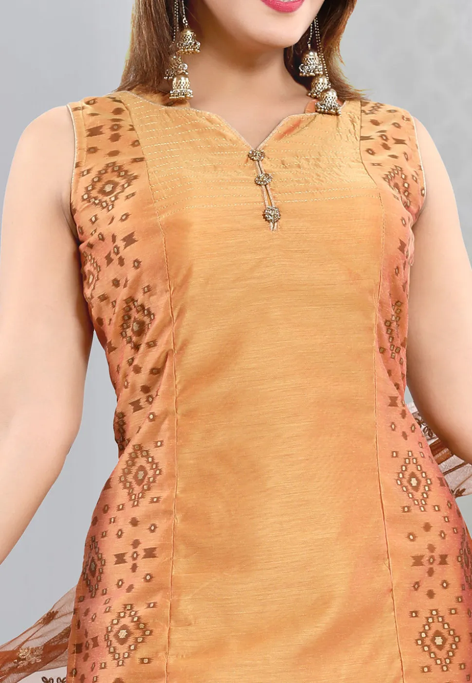 Ikat Printed Art Silk Straight Suit in Light Orange