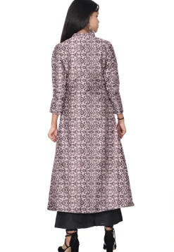 Ikat Printed Chanderi Silk Long Kurta Set in Peach