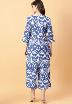 Ikat Printed Cotton Co Ord Set in Off White and Blue
