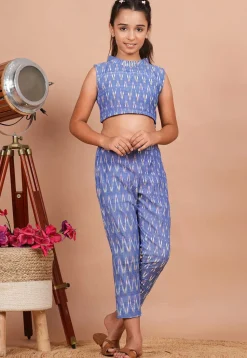 Ikat Printed Cotton Co-Ord Set in Light Blue