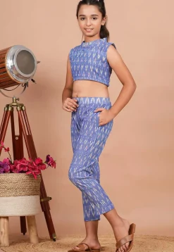 Ikat Printed Cotton Co-Ord Set in Light Blue