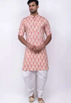 Ikat Printed Cotton Dhoti Kurta in Light Beige