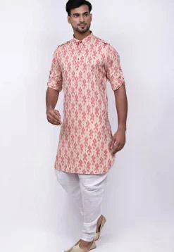 Ikat Printed Cotton Dhoti Kurta in Light Beige