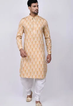 Ikat Printed Cotton Dhoti Kurta in Light Beige