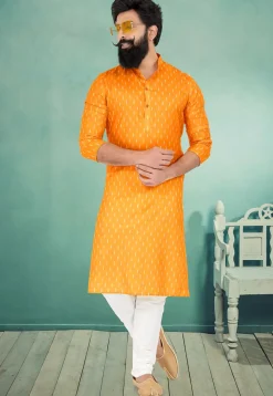 Ikat Printed Cotton Kurta Set in Yellow