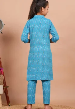 Ikat Printed Cotton Kurta Set in Sky Blue