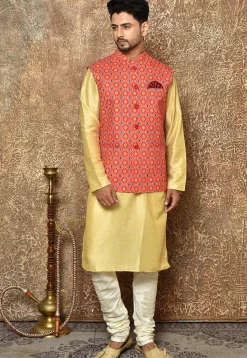 Ikat Printed Cotton Linen Nehru Jacket in Red