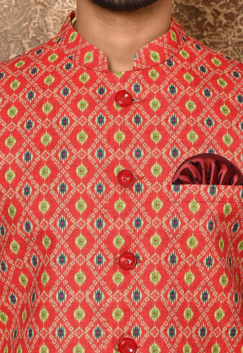 Ikat Printed Cotton Linen Nehru Jacket in Red