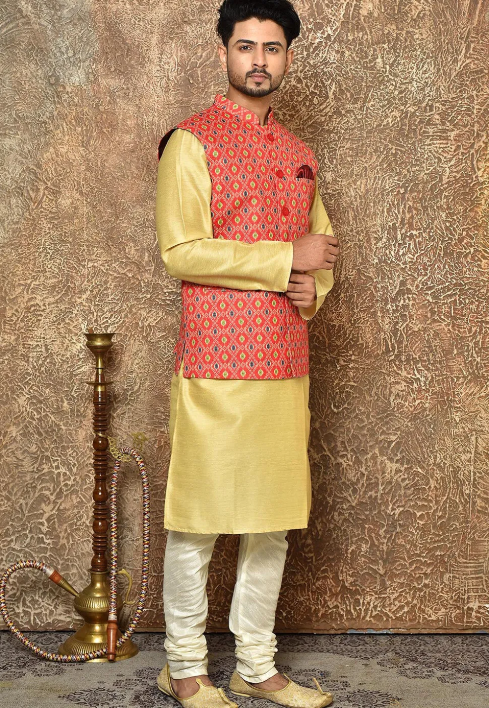 Ikat Printed Cotton Linen Nehru Jacket in Red