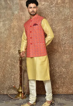 Ikat Printed Cotton Linen Nehru Jacket in Red