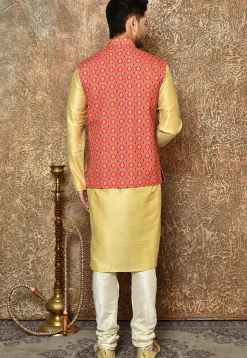 Ikat Printed Cotton Linen Nehru Jacket in Red