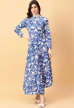 Ikat Printed Cotton Maxi Dress in Off White and Blue