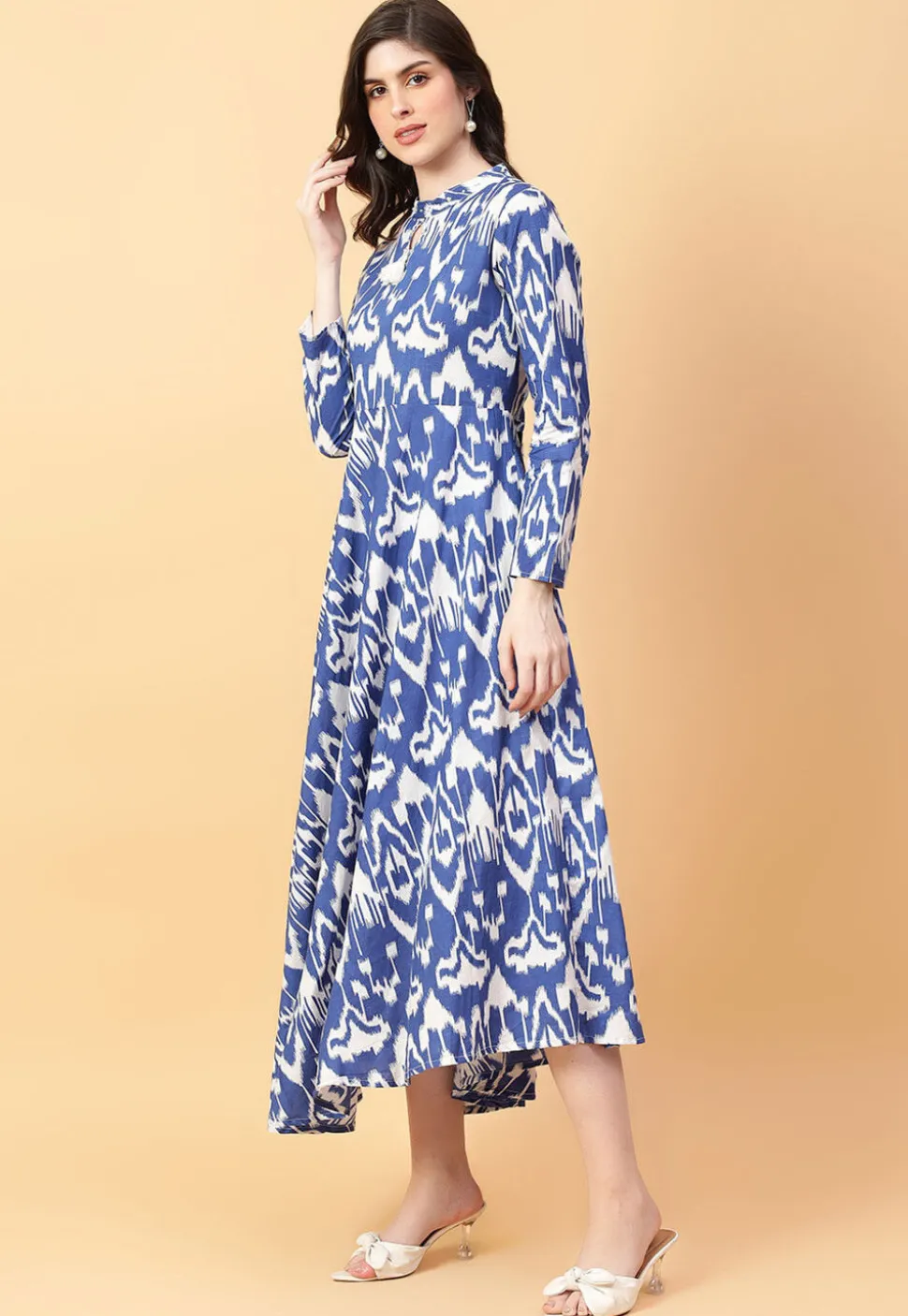 Ikat Printed Cotton Maxi Dress in Off White and Blue