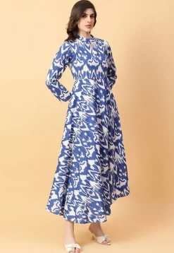 Ikat Printed Cotton Maxi Dress in Off White and Blue