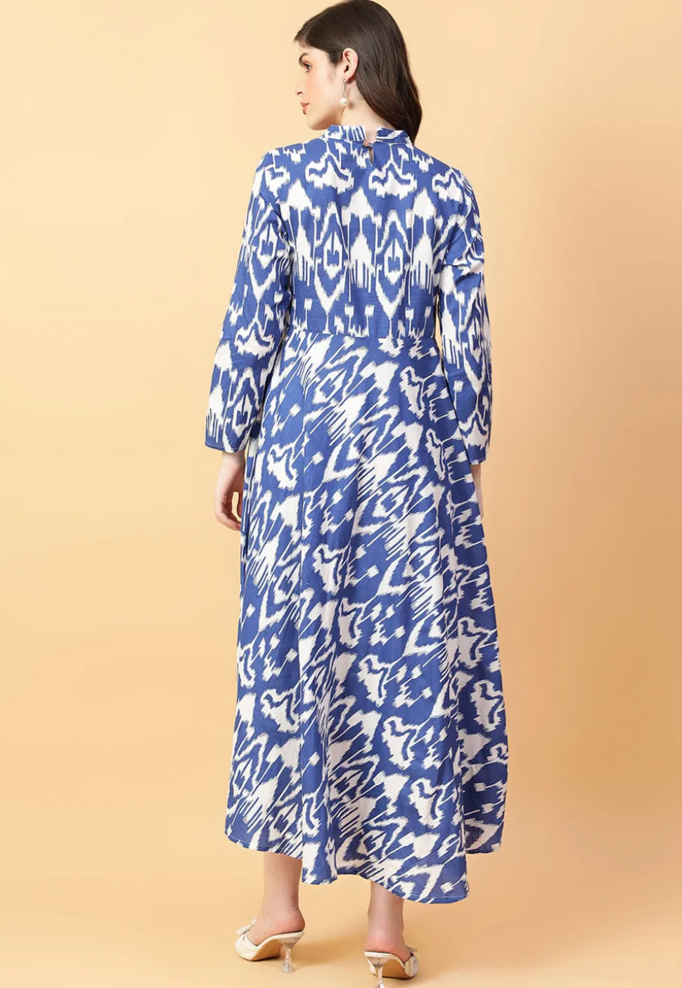 Ikat Printed Cotton Maxi Dress in Off White and Blue